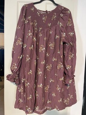 a new day Mauve Floral Smocked Yoke Long Sleeve Dress